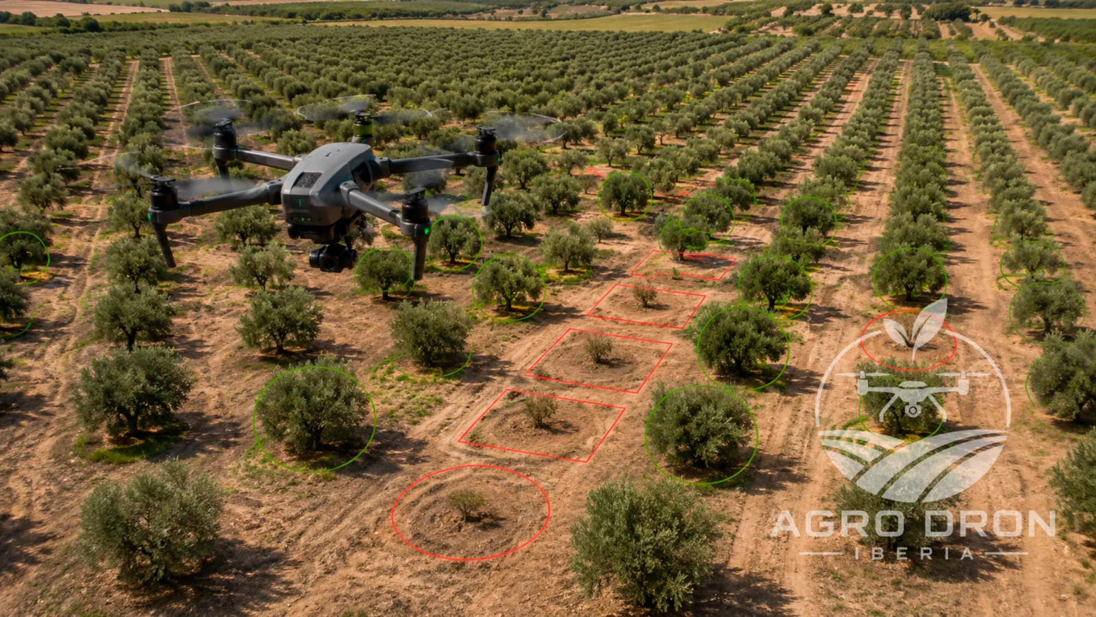 Dron detectando marras en un olivar: círculos verdes en los árboles presentes y rojos en las ausencias