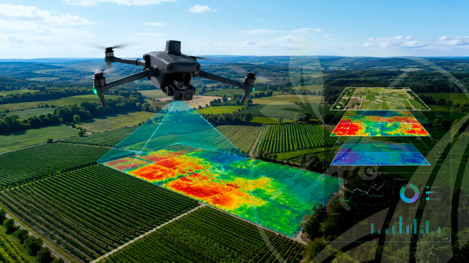 Dron multiespectral DJI Mavic 3M generando capas de análisis de un cultivo