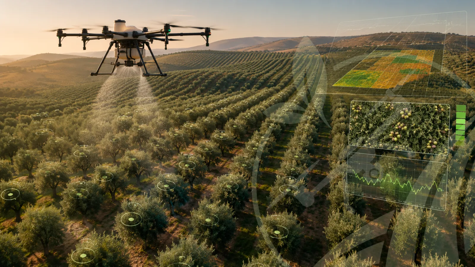 Dron de aplicación realizando un tratamiento sobre un olivar