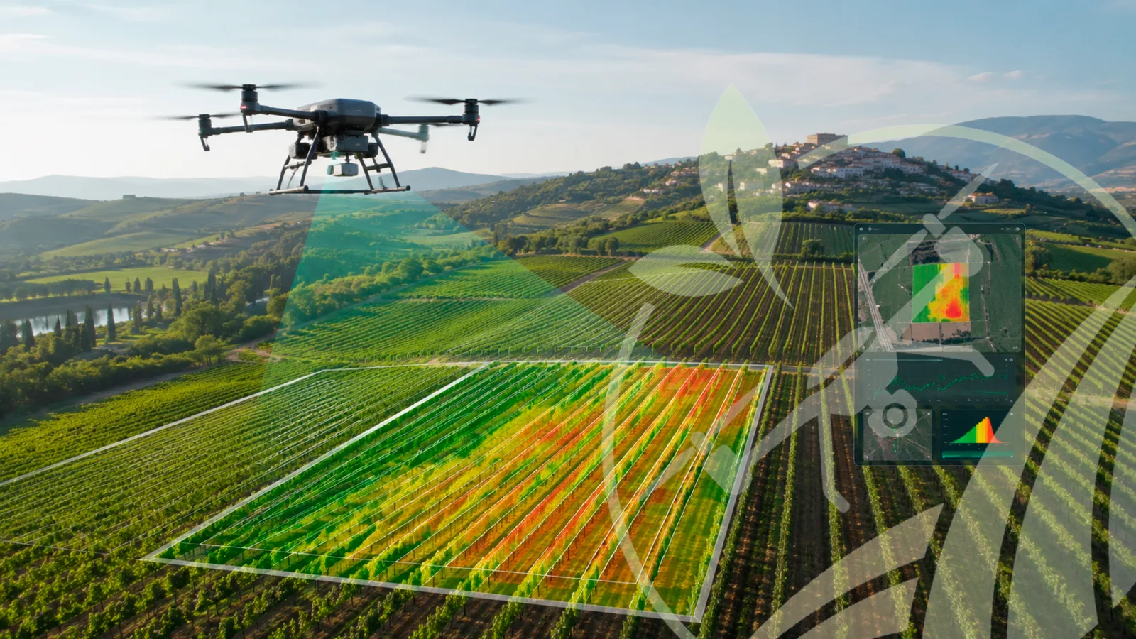 Dron de mapeo sobre un viñedo con un mapa de vigor superpuesto