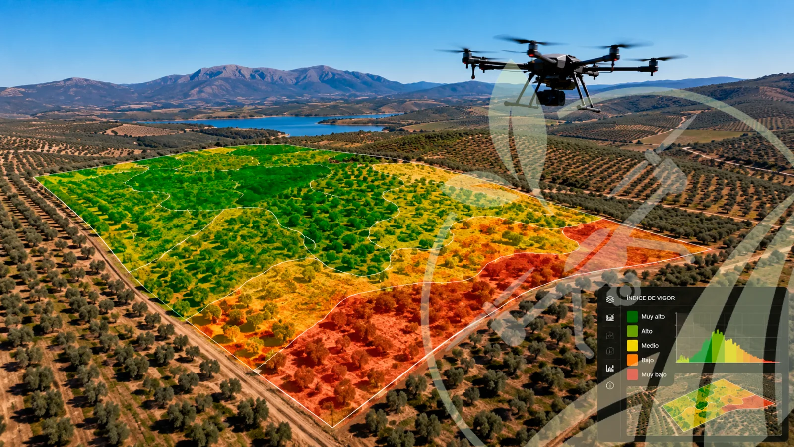 Mapa de vigor por zonas superpuesto sobre un olivar