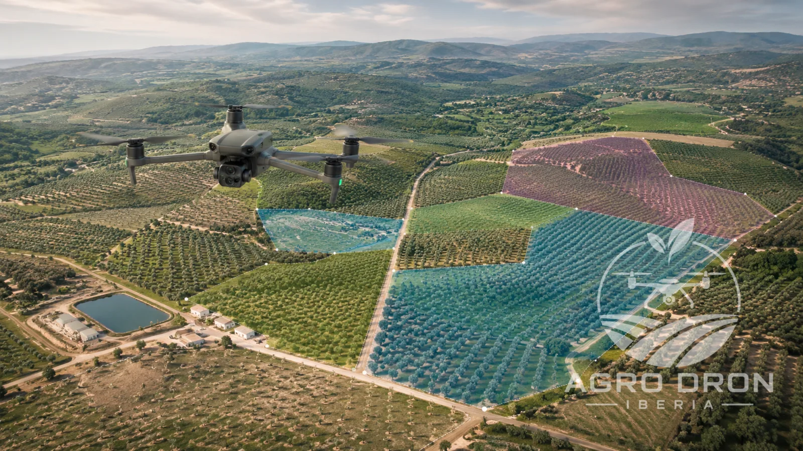 Dron DJI Mavic 3M mapeando una finca agrícola con un ortomosaico multiespectral superpuesto
