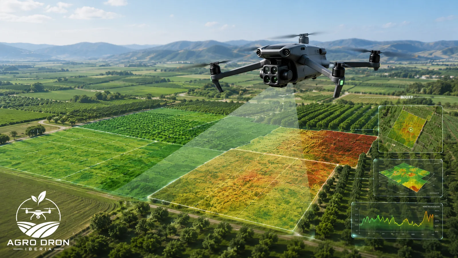 Cuadricóptero DJI Mavic 3M capturando imágenes multiespectrales de un cultivo