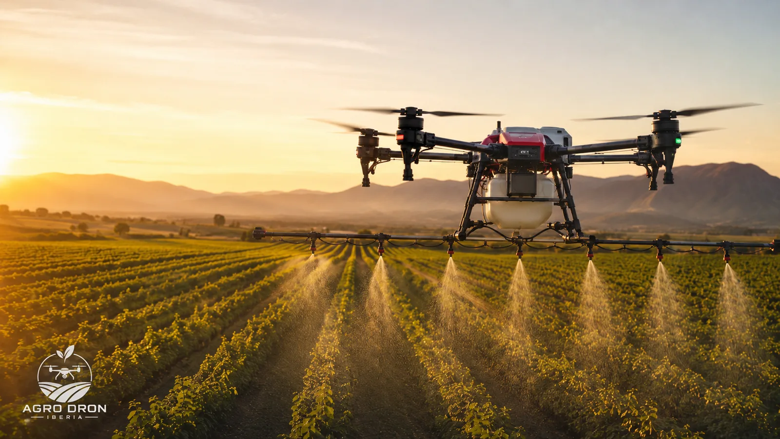 Multirrotor de pulverización aplicando un tratamiento agrícola sobre un cultivo
