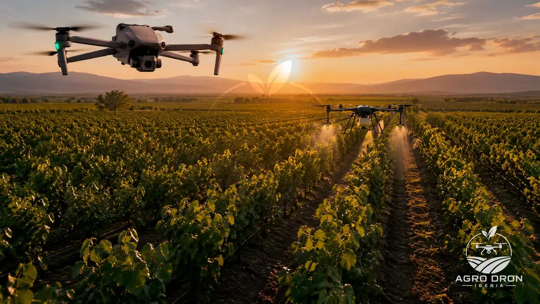 Dron DJI Mavic 3M volando sobre un viñedo al atardecer