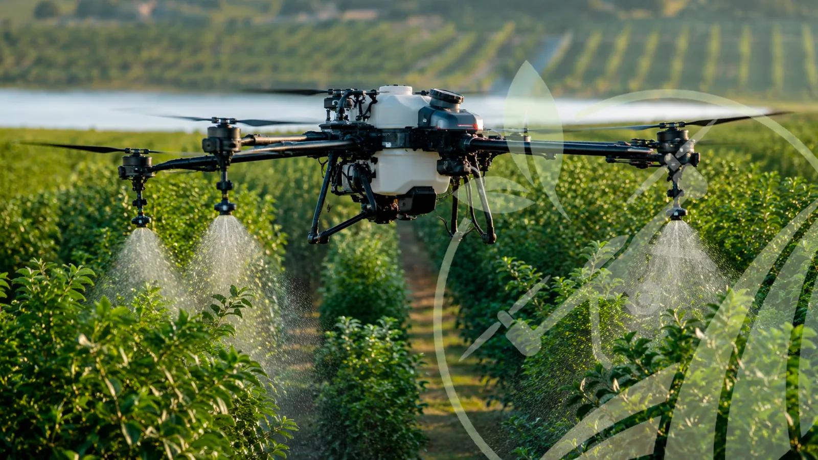 Dron agrícola de pulverización aplicando producto sobre las líneas de un cultivo
