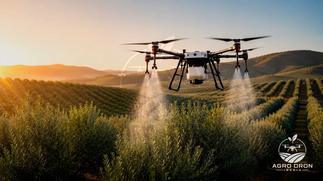 Dron de tratamientos agrícolas XAG P100 Pro aplicando producto sobre un cultivo al atardecer