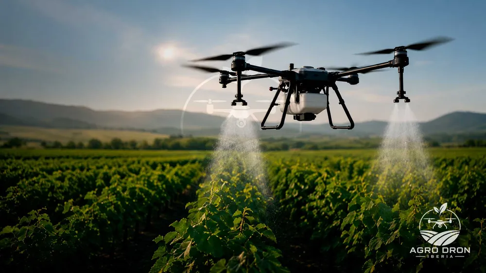 Dron de tratamientos aplicando producto sobre un viñedo a contraluz