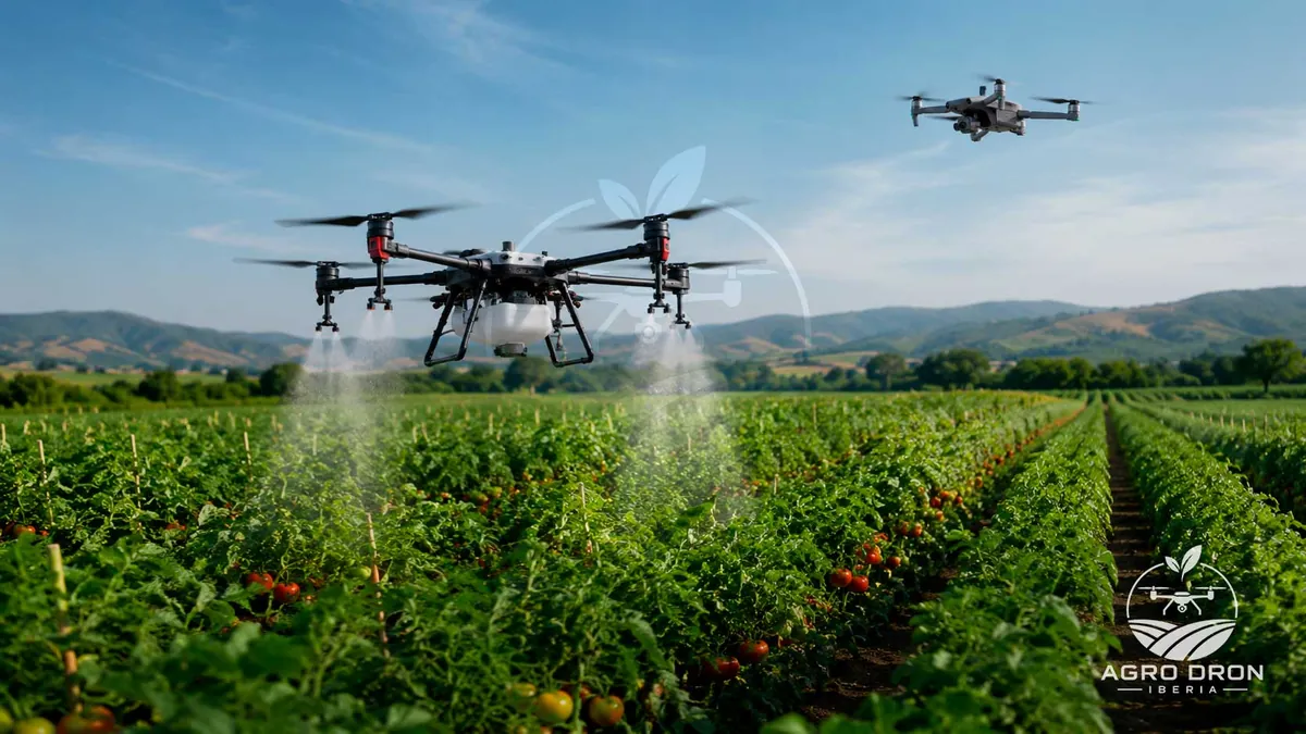 Dos drones agrícolas trabajando de forma coordinada sobre un cultivo en líneas