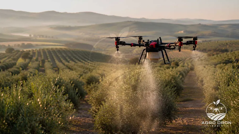Dron de aplicación agrícola realizando un tratamiento entre calles de olivar